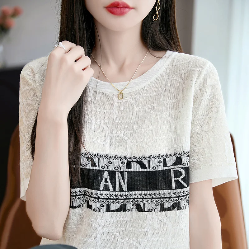Suéter de mujer verano 100% Lyocell letra impresa cuello redondo Camiseta de manga corta 2025 nuevo Color sólido moda Edición coreana