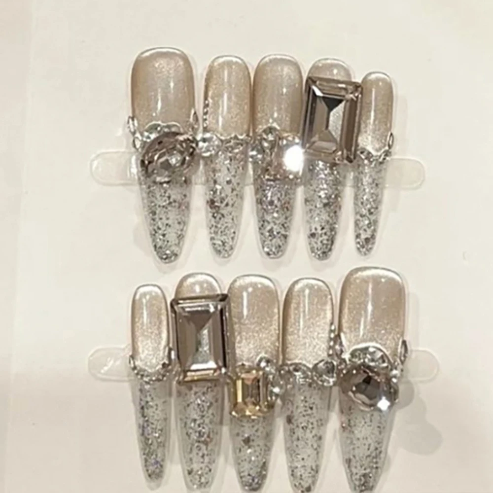 10 Uds. De ataúd de aguja largo a la moda, uñas postizas brillantes con diamantes de imitación Y2K, ojos de gato, flores de perlas, mariposa, uñas postizas removibles francesas