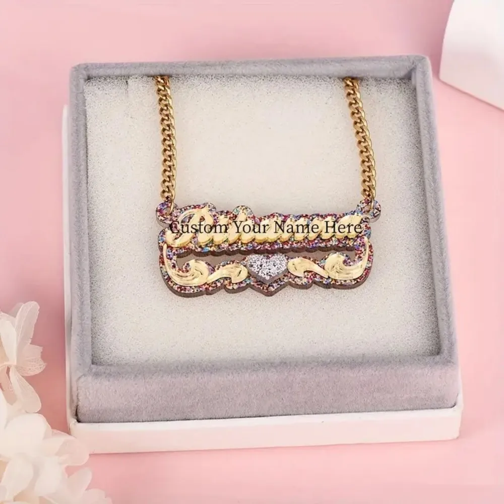 Collar con colgante de nombre personalizado de acrílico, collar con letras coloridas personalizadas, regalo bonito, colgante personalizado de encaje de amor para niñas y mujeres