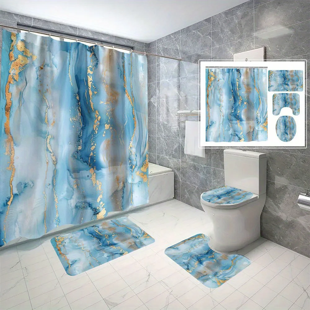 

Набор из 4 предметов, синий, золотой, мрамор, украшение для ванной комнаты, нескользящий коврик, U-образный коврик, занавеска для душа, коврик для крышки унитаза, полиэфирная ткань