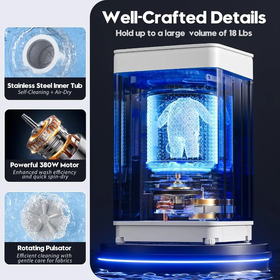 غسالة محمولة بوزن 18 رطلاً، غسالة تحميل علوي أوتوماتيكية بالكامل مع شاشة LED، 7 دورات غسيل، 4 مستويات مياه مثالية للشقة