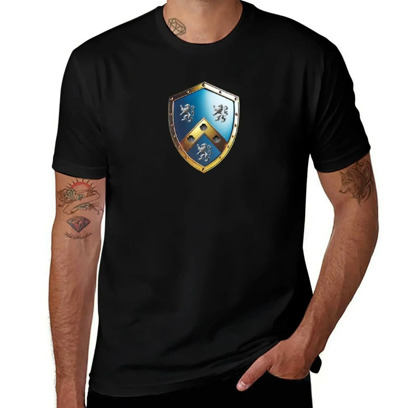 

James Shield Silver Lions and Gold Chevron on Brilliant Blue T-Shirt anime t shirts heavy weight t shirts for men