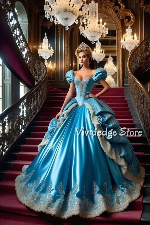 

Customized Blue Gorgeous Princess Victorian Ball Gowns Heart Neck Puff Sleeves Bodice Puff Hem Beaded Lace Applique Evening Dres