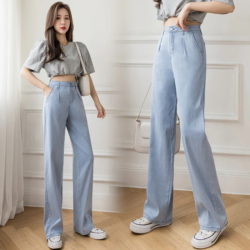 Women Casual High Waist Loose Thin Pants 2024 Summer Wide Leg Jeans Loose Ice Silk Straight Trousers Female Long Denim Pants Pop