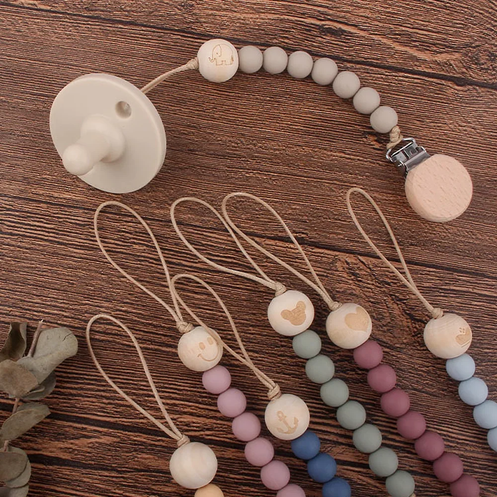 12MM Baby Silicone Pacifier Clips Chain Three Hole Beech Wood Pacifier Holder Nipple Eco-friendly Pacifier Clips Holder Chain