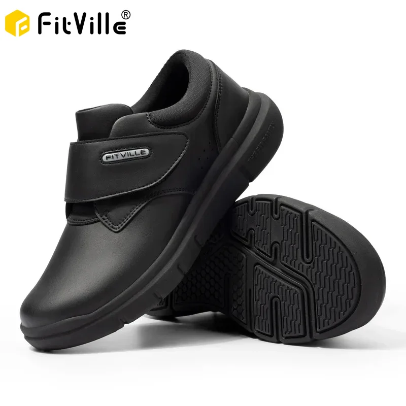 Chaussures Extra larges en cuir pour hommes, chaussures de marche pour diabétiques, orteils orthopédiques, pieds gonflés, antidérapantes, avec Support de voûte plantaire