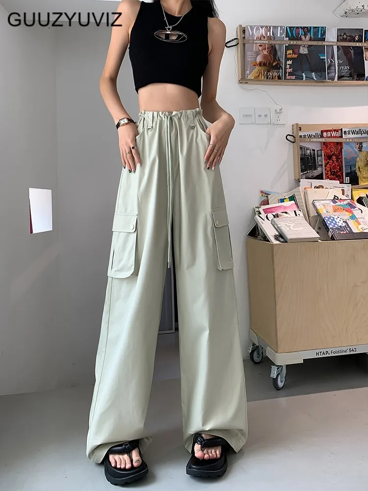 

GUUZYUVIZ Summer Multi Pocket Trousers Women High Waist Loose Wide Leg Casual Pants Women