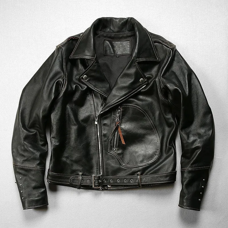 Tar tea core calfskin leather men's lapel slant belt motorcycle real