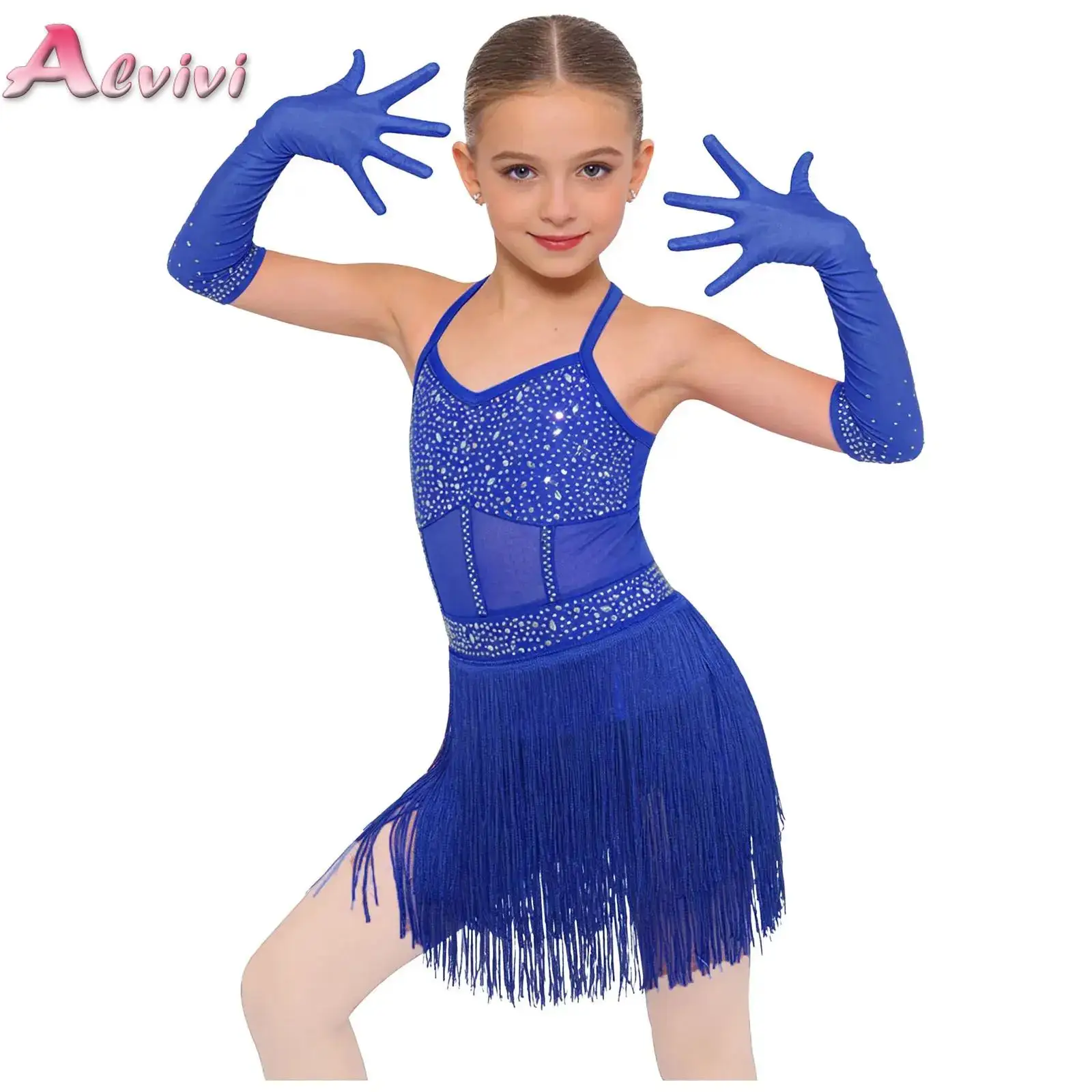 

Kids Girls Latin Dance Outfit Sleeveless Shiny Rhinestone Tassel Leotard with 1 Pair Mesh Gloves Ballroom Performance Dancewear