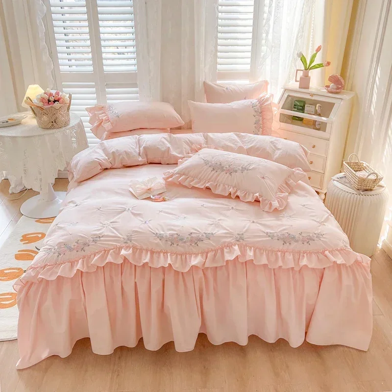 Vintage Nordic Pastoral Artistic 100% Cotton Ruffles 4Pcs Bedding Set Plant Pattern Quilt Cover Linen Pillow Shams pink sheet