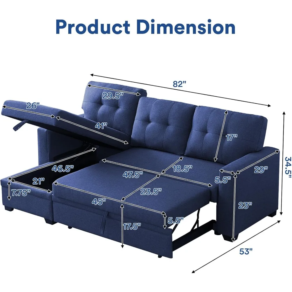 Customized Hotel sofa， L Shaped Couch with Pull Out Bed and Storage Sectional Sleeper Sofa with Reversible Chaise， Blue