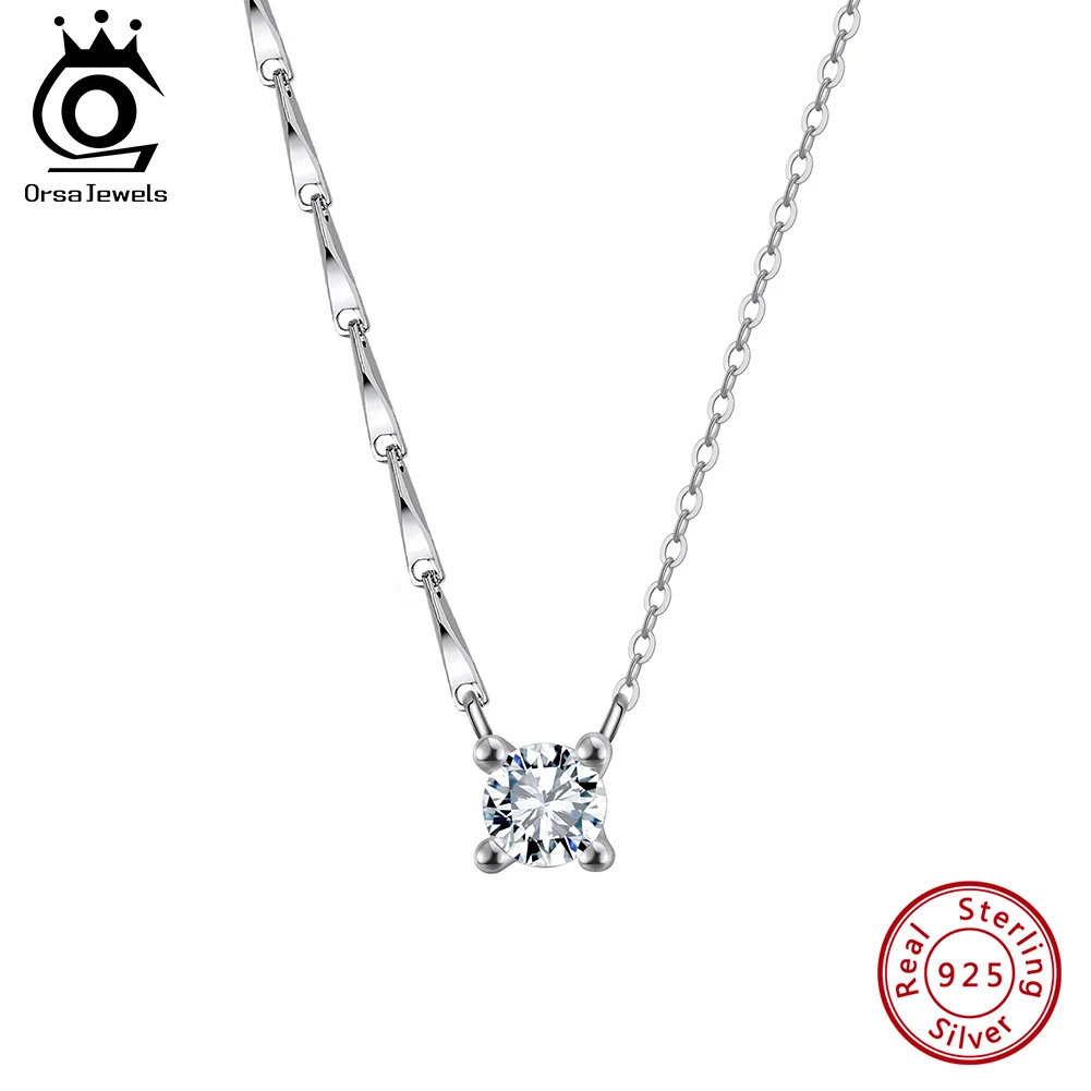 

ORSA JEWELS Simple Real 925 Sterling Silver AAAAA Zircon Round Pendant Choker Necklace for Women Classic Wedding Jewelry APN46