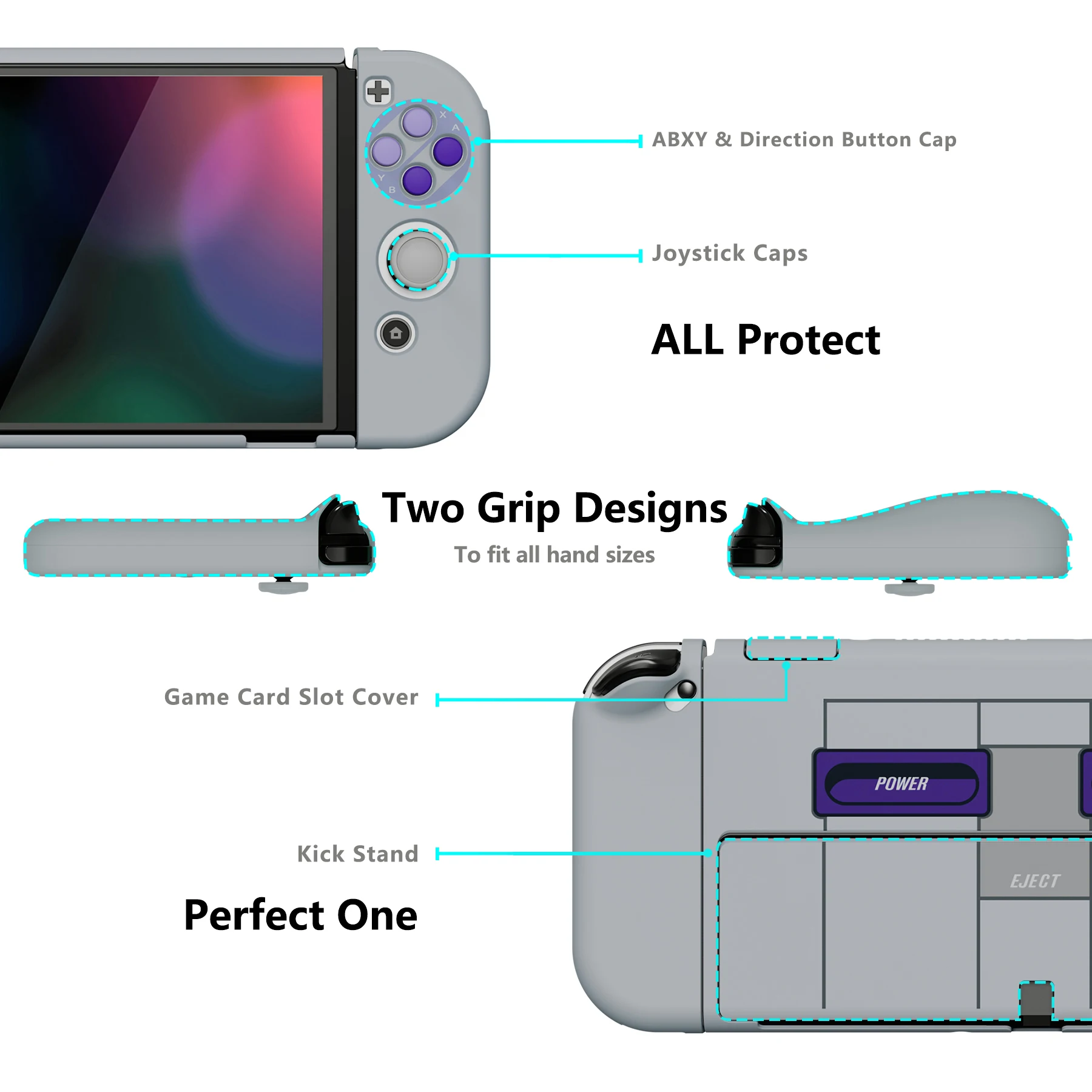 PlayVital AlterGrips Protective Slim Case Hard Shell for NS Switch OLED W/Thumb Grips & Button Caps - Classics SNES Style