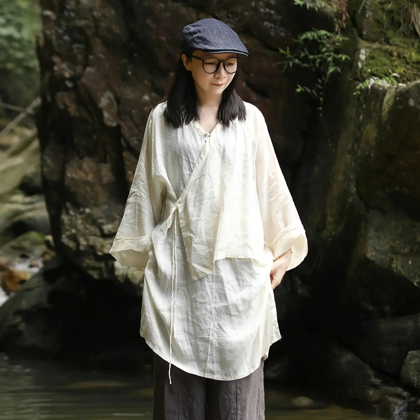 

LZJN женская свободная рубашка с большим рукавом Ramie Zen, однотонный винтажный топ, открытый кардиган средней длины для медитации и йоги