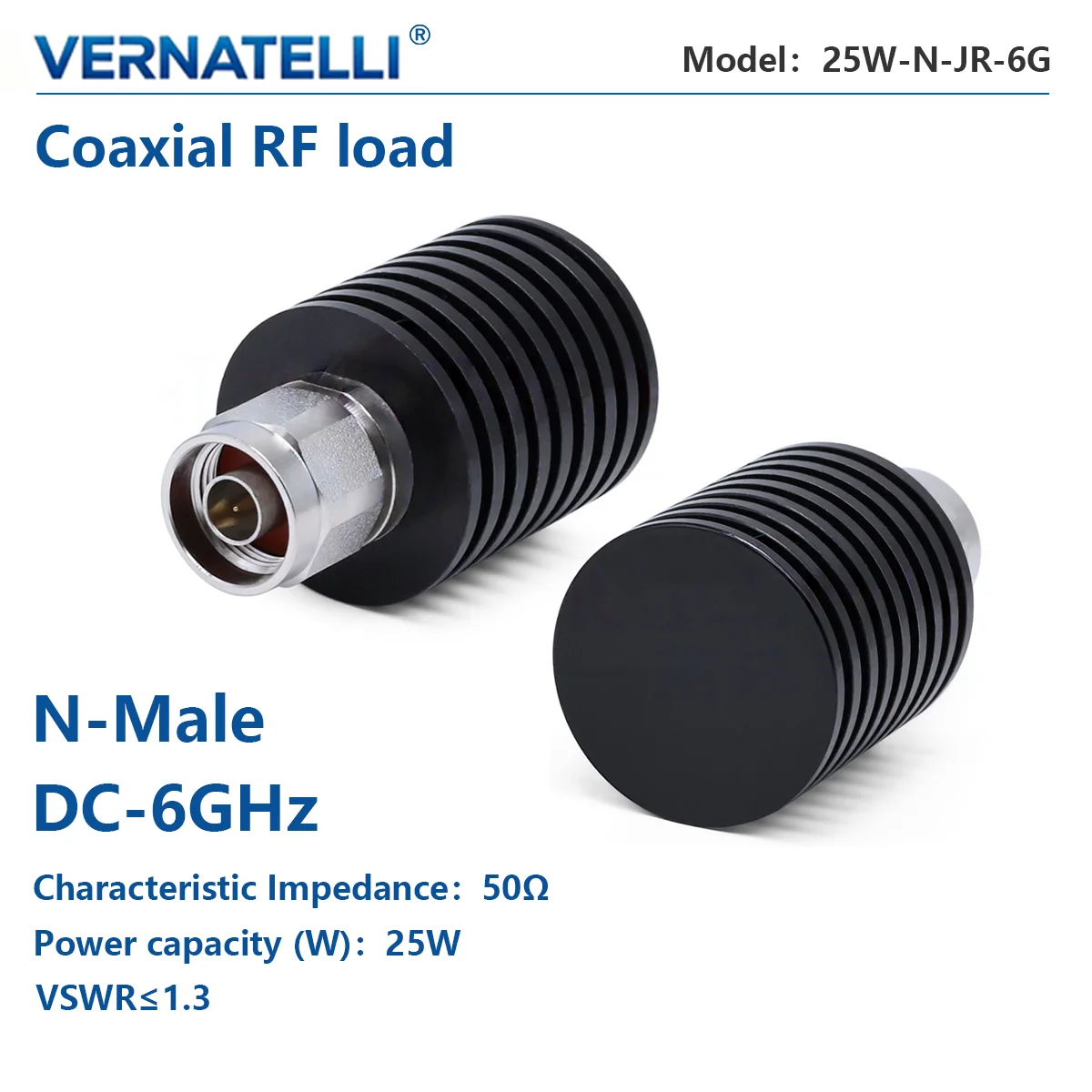 N Male RF Coaxial Termination Load, DC‑6GHz, 25W, 50 Ohm, Dummy Load for Signal Testing, Model 25W‑N‑JR‑6G