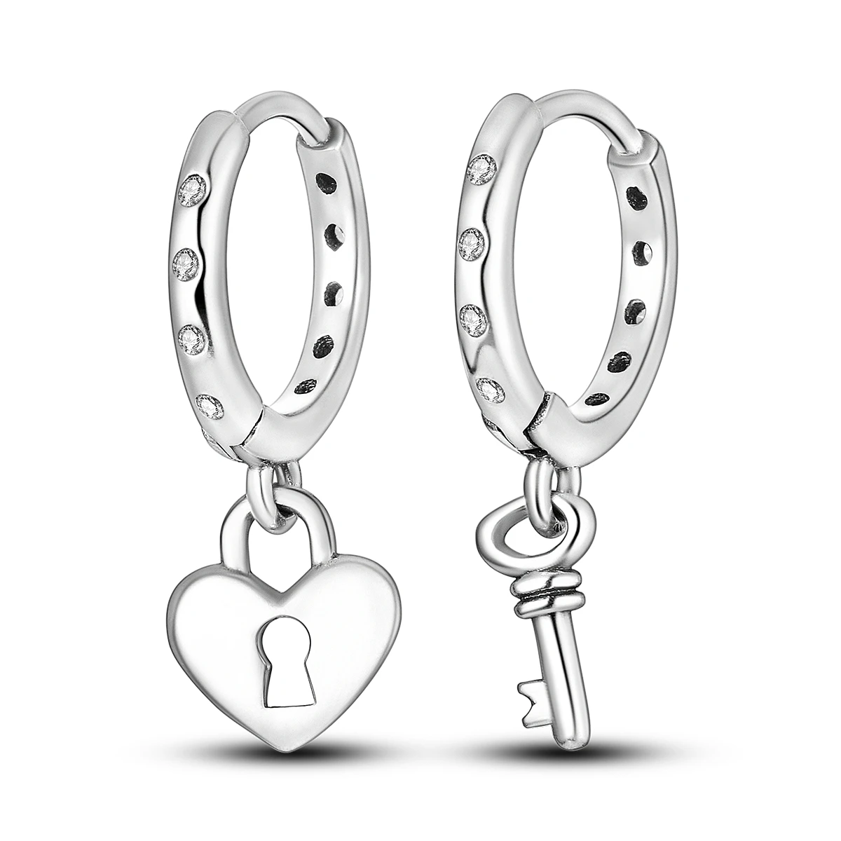 925 Sterling Silver Asymmetrical Heart Lock Key Dangle Earrings for Women Romantic Love Couple Fashion Jewelry Gift