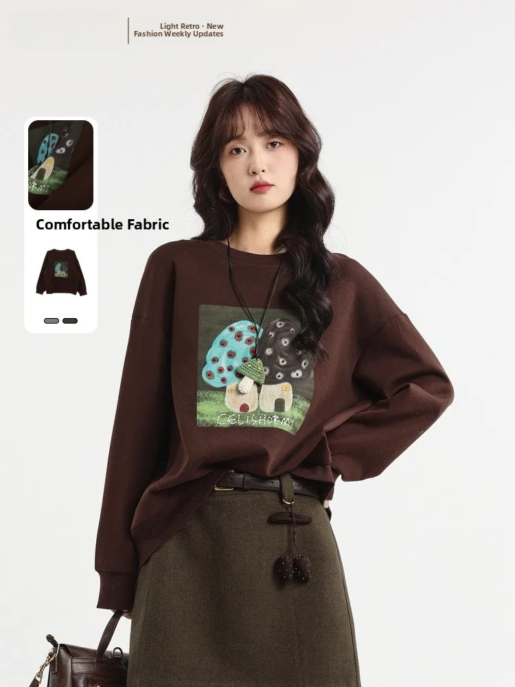 

Loose Fit Printed Sweatirt Versatile Casual Sle Long Sve Women's Top Breathable round Ne Design Memory's Start