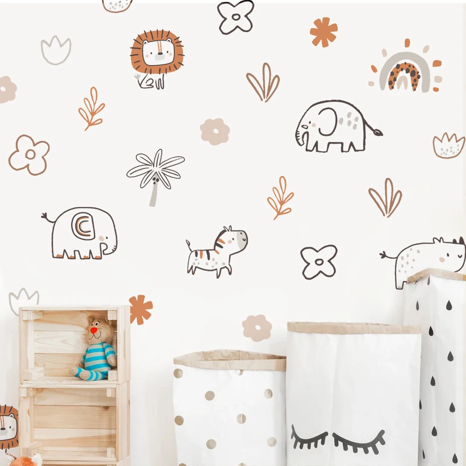 Boho Cartoon Cute Animals Lion Elephant Wall Sticker Nursery Vinyl Children's Wall Art Decals for Baby Kid Room Home Decoration