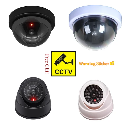 Imagen 1 del producto Cámara simulada inalámbrica en blanco y negro, cámara de seguridad CCTV con domo de plástico falso con sistema de vigilancia Led intermitente para interiores y exteriores