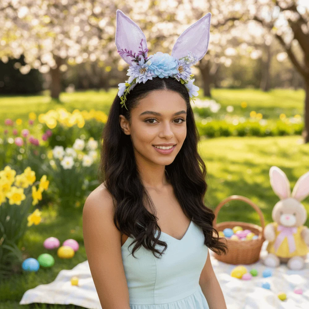 

Flower Rabbit Ears Headband Floral Cute Easter Headwear Headpiece Photography Props Colorful Bunny Ears Hair Hoop
