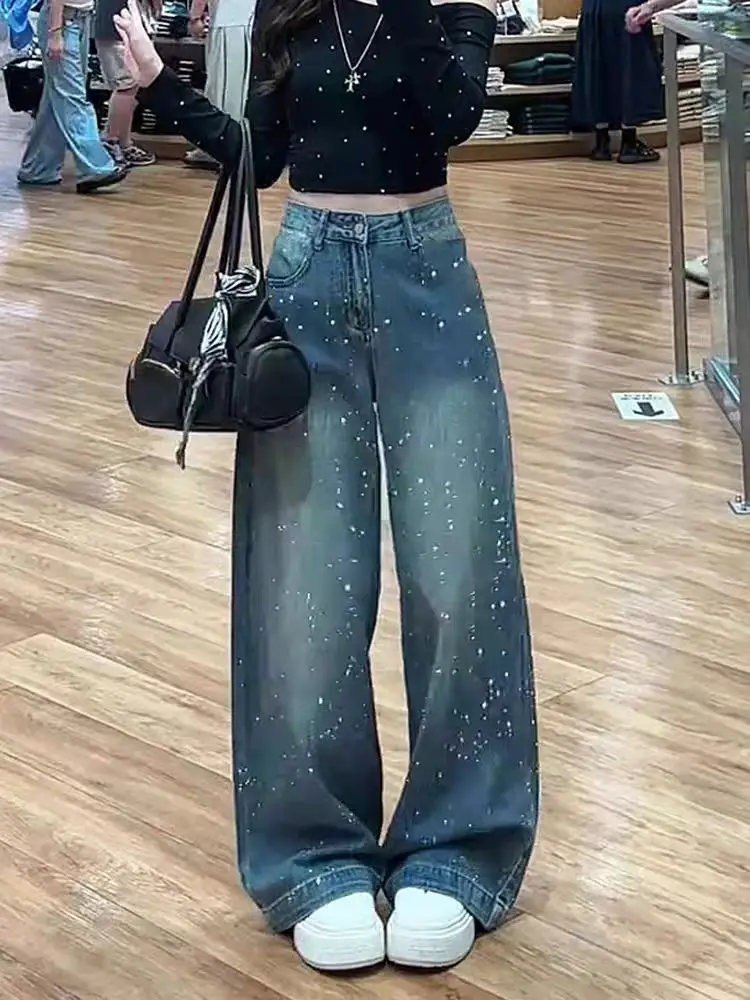 

Осень 2023, модные джинсовые брюки с высокой талией и широкими штанинами, украшенные бриллиантами, универсальные тяжелые модные брюки для похудения