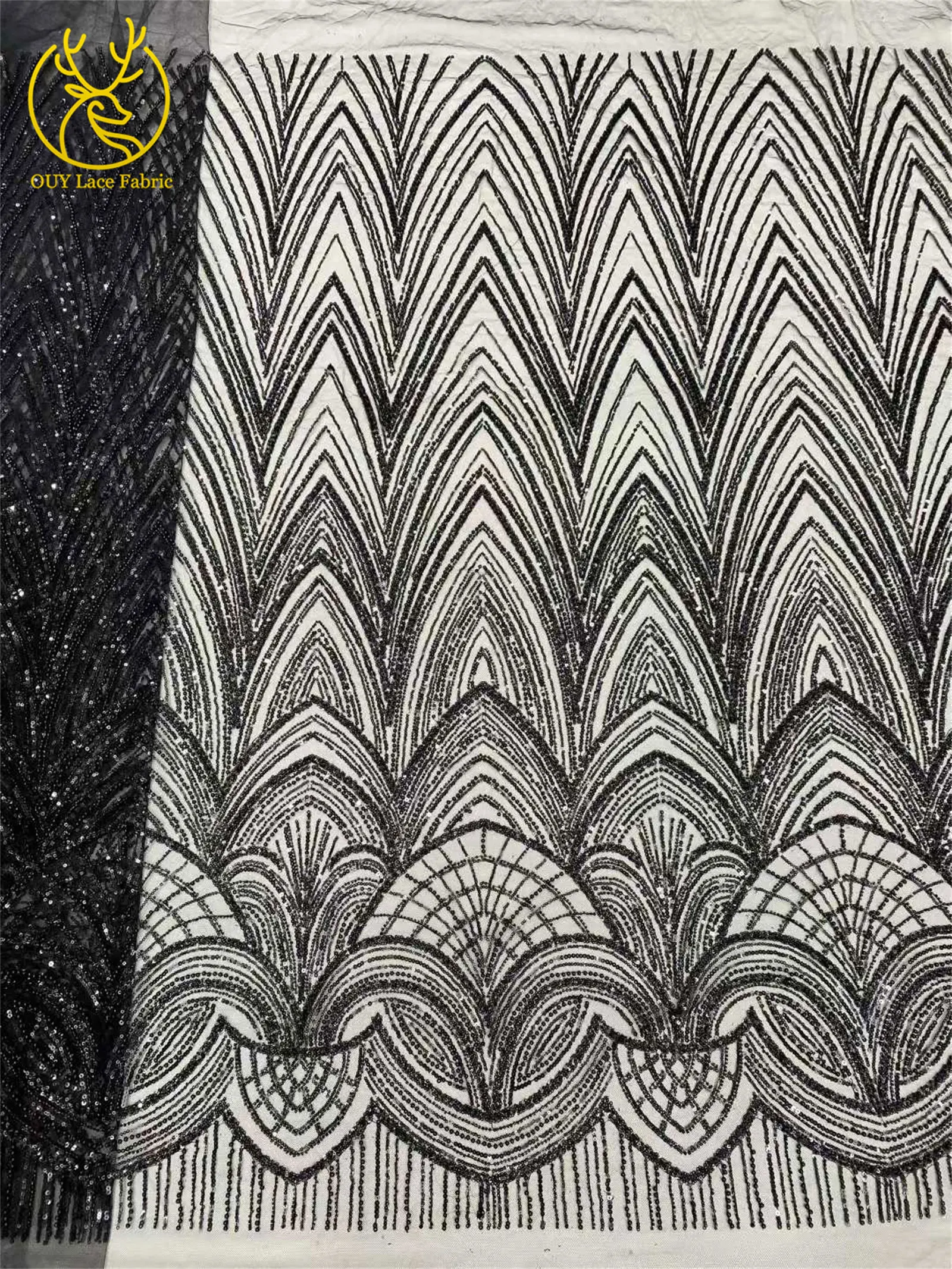 Schwarzer afrikanischer Perlen-Spitzenstoff 2026 Hochwertiger französischer Pailletten-Tüll-Spitzenstoff Nigerianischer Tüll für Hochzeit, Party, Kleid, Nähen, 5 Jahre – Detail 8