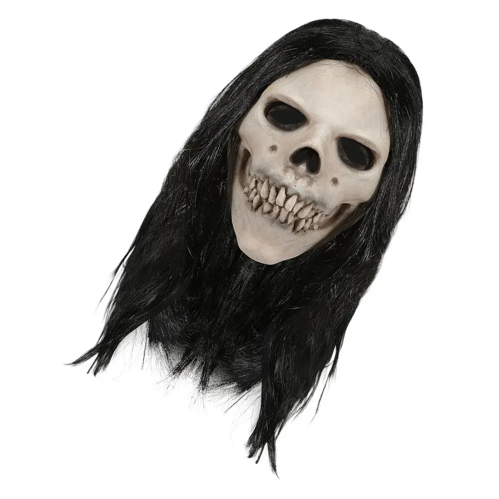 Skull Mask Halloween Realistic Latex Full Face Skull Headgear with Hair Scary Cosplay Prop for Party Haunted