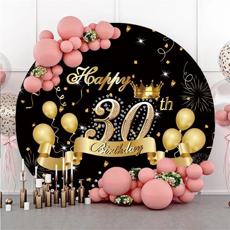 30th Birthday Party Round Backdrop Black and Gold Crown Whiskey Wine Decor Women Men Cheers to 30 Years Circle Photo Background