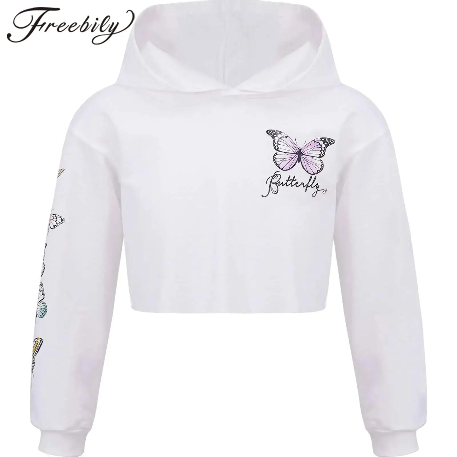 Children Sport Hoodies Kids Girls Sports Sweatshirt Long Sleeves Butterfly Print Cropped Hooded Sweatshirts Tops for Fitness Gym