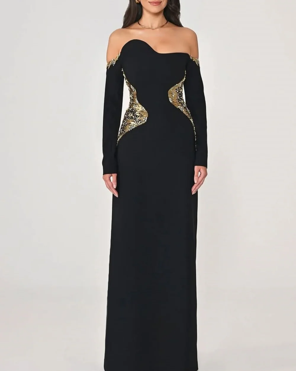 

Customized Modern Style Women Jersey Rhinestone Pleat Straight Evening Dresses Classic Off-the-shoulder Floor Lenght Party Gowns