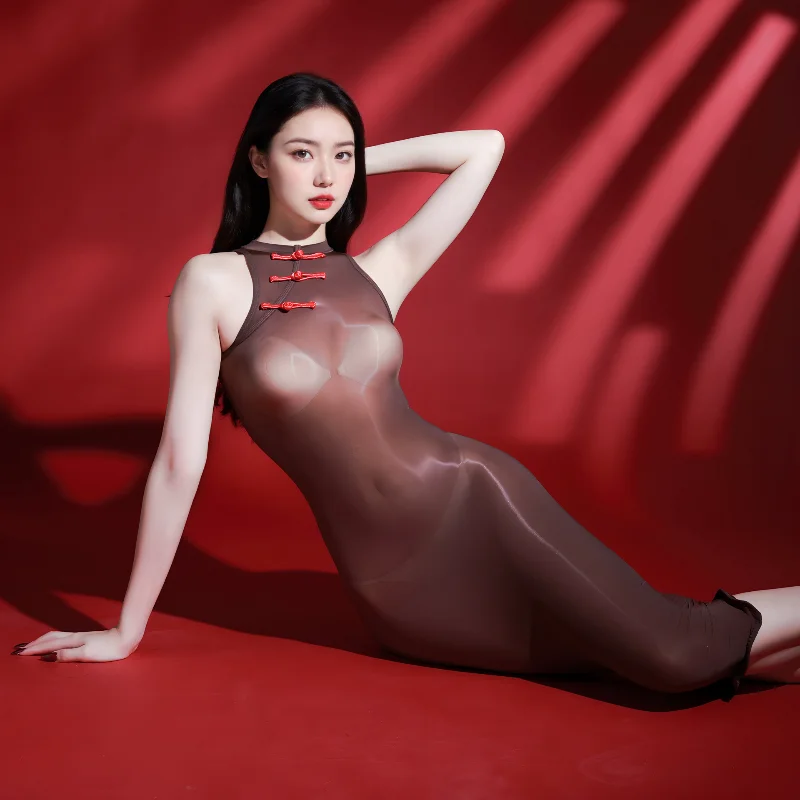 المرأة مثير Bodycon فساتين الصينية شيونغسام الملابس الداخلية فستان طويل النفط لامعة لامعة 5d رقيقة جدا شفافة فستان النوم