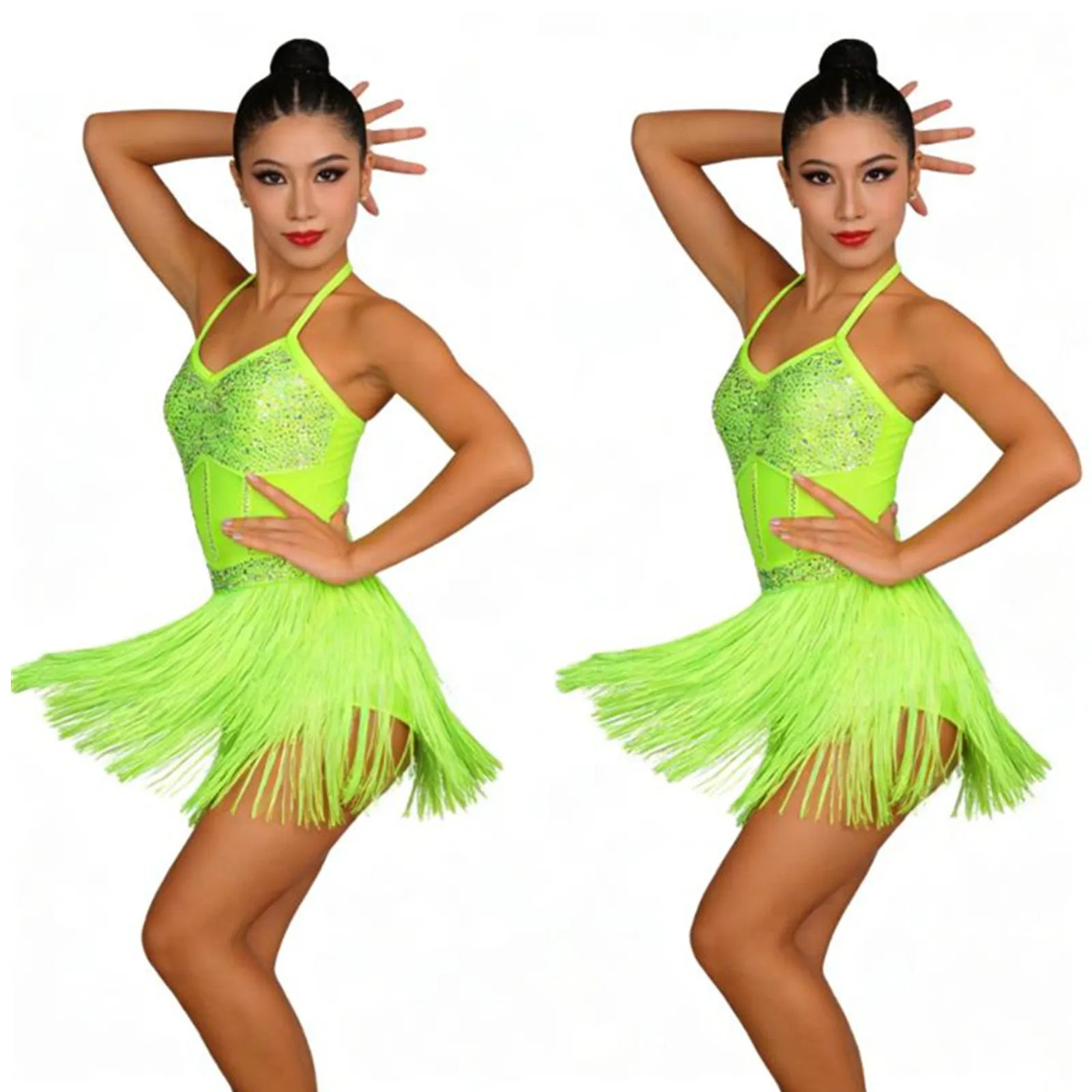 

Womens Rhinestone Gymnastics Latin Tango Ballet Ballroom Dance Leotard Dress Tiered Tassel Figure Skating Fringe Bodysuit Dress