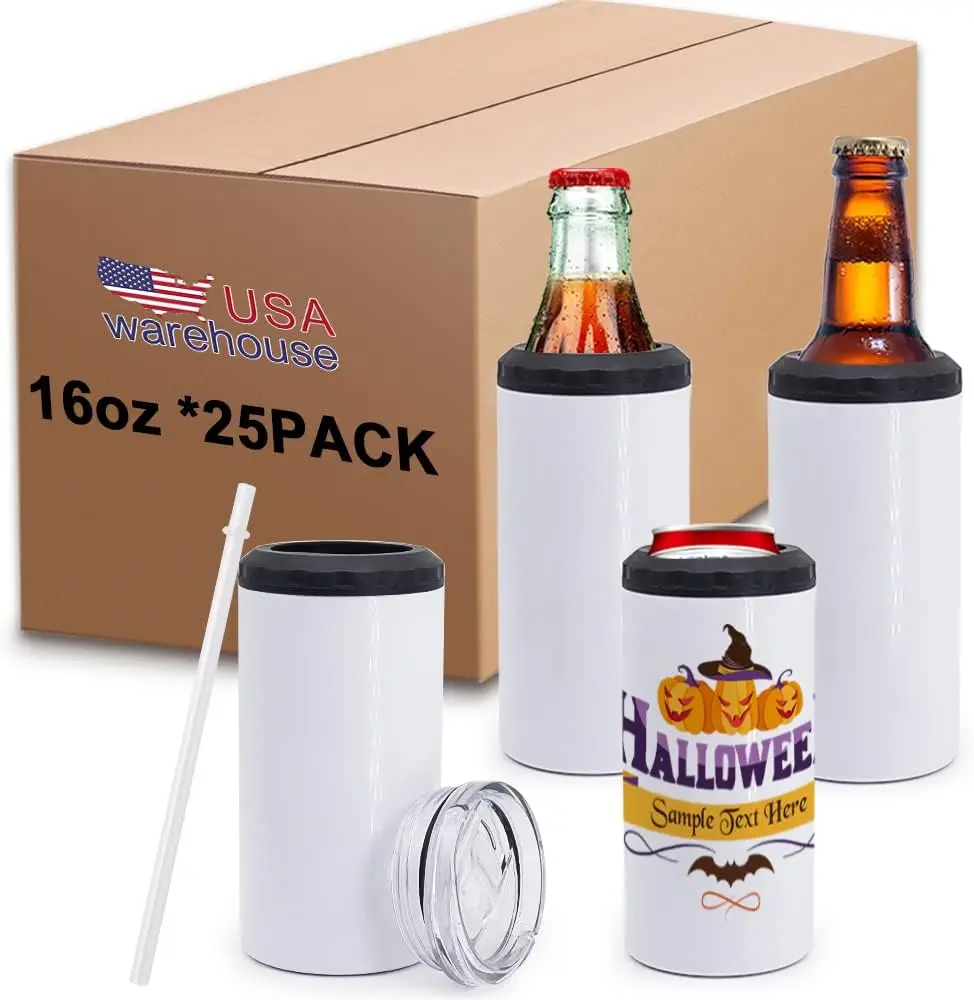 

4-in-1 Can Cooler sublimation Blank tumblers with 2 lid and straw, Double Wall Stainless Steel