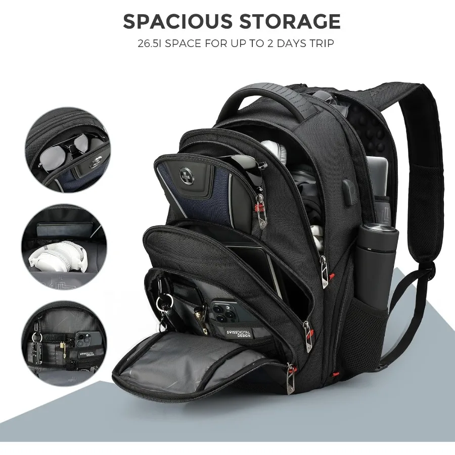 حقيبة ظهر للكمبيوتر المحمول للرجال بتصميم Swissdigital للرجال بسعة كبيرة حقيبة سفر للأعمال باللون الأسود/الأزرق J14-12