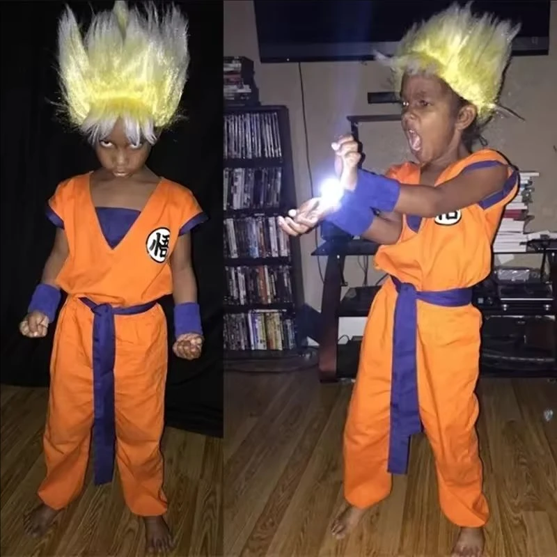 

Adult Kids Son Goku Gui Carnival Cosplay Anime Costumes Halloween parties and Holiday Including Tail Wrist Wig Blue Gold Design