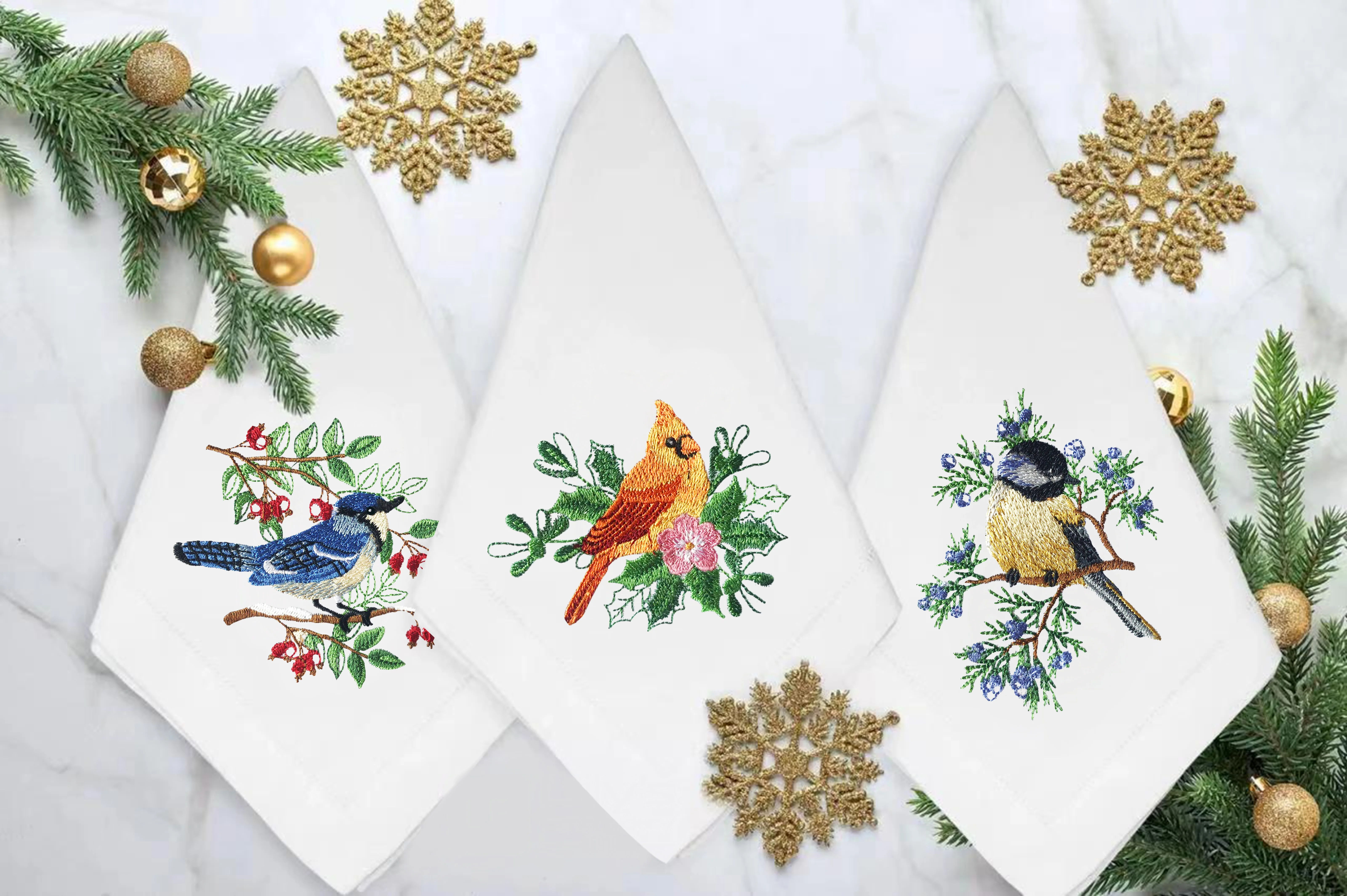 @Adorable Christmas Birds Embroidery Napkin, Placemat, Hemstitch, Cotton+Linen, Table Decoration