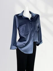 Korean style Solid Color Polo-Neck Button Blouse Spring Autumn All-match Pockets Spliced Golden Velvet Chic Shirt Women