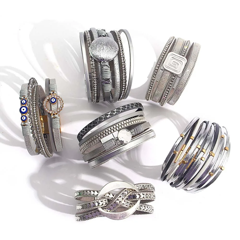 ALLYES-Pulseira de Couro Prata para Mulheres e Homens, Charme na Moda, Cruz do Olho Mau, Corrente de Metal Multicamada, Pulseiras Envoltório, Jóias