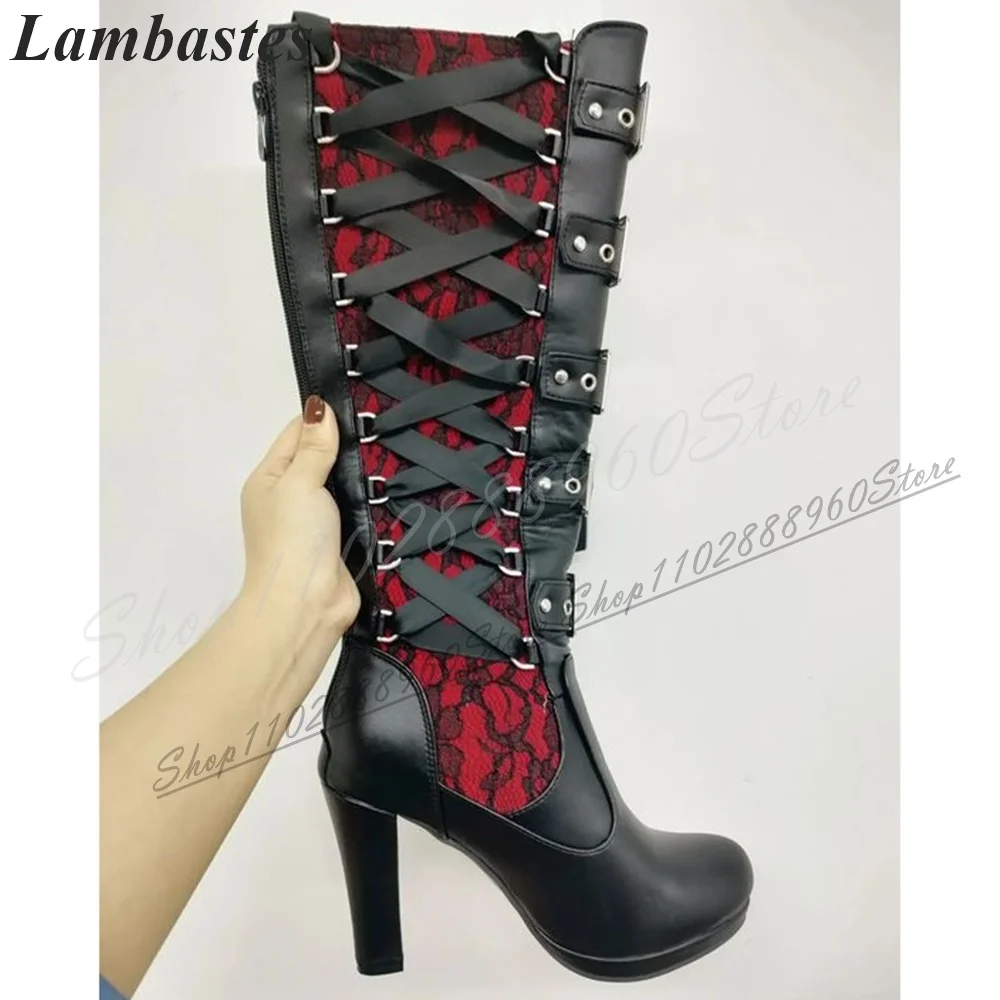 Knee High Black Splicing Cross Tied Knight Boots Chunky High Heel Shoes For Women Back Zipper Pointed Toe 2024 Zapatillas Mujer