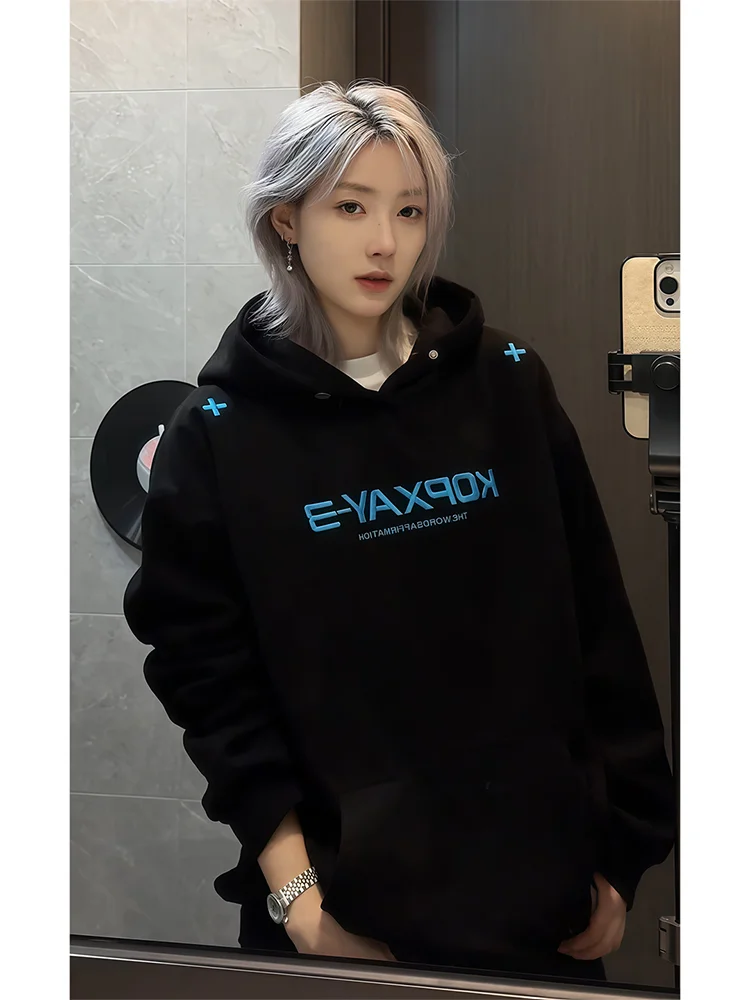 

Мужская толстовка с капюшоном из искусственной замши с вышивкой в американском стиле, утепленная куртка для пар, повседневная верхняя одежда для отдыха