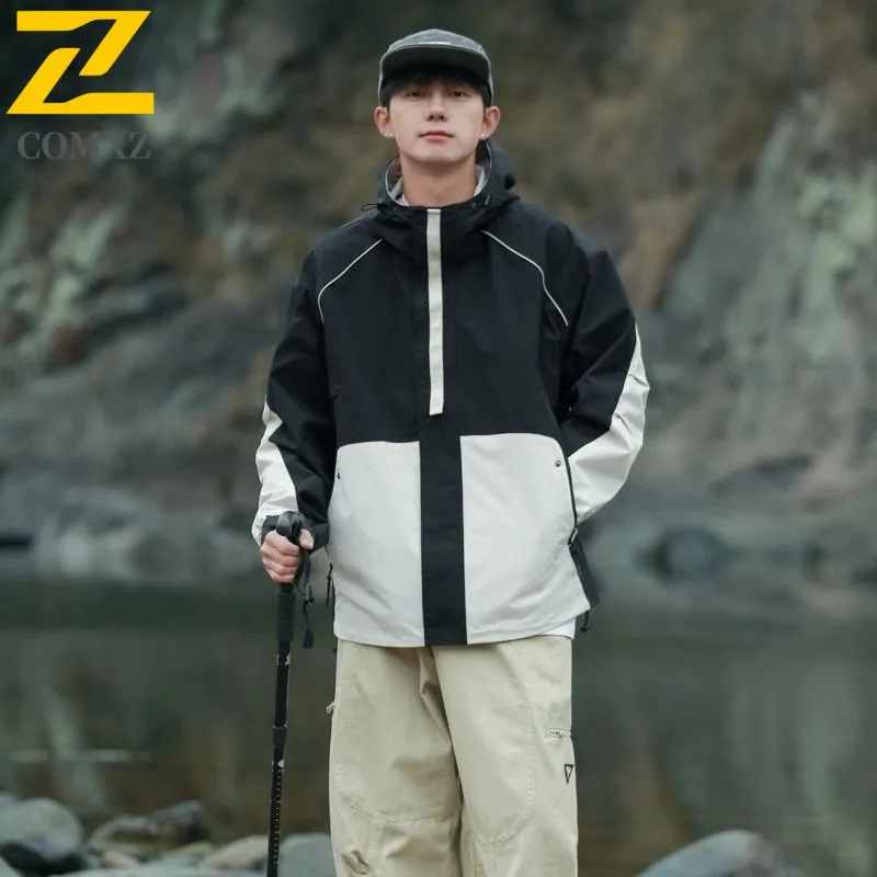

COMXZ Luxury Men Jacket Hooded Outdoor Mountaineering Waterproof Jacket Splicing Design Travel Windproof Autumn Windbreaker