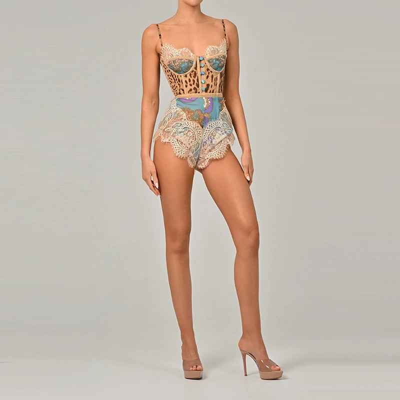 Women Elegant Lace Patchwork Print Party Romper Casual Sleeveless Slim Vacation Playsuit Sexy Off Shoulder Summer Short Jumpsuit view 4