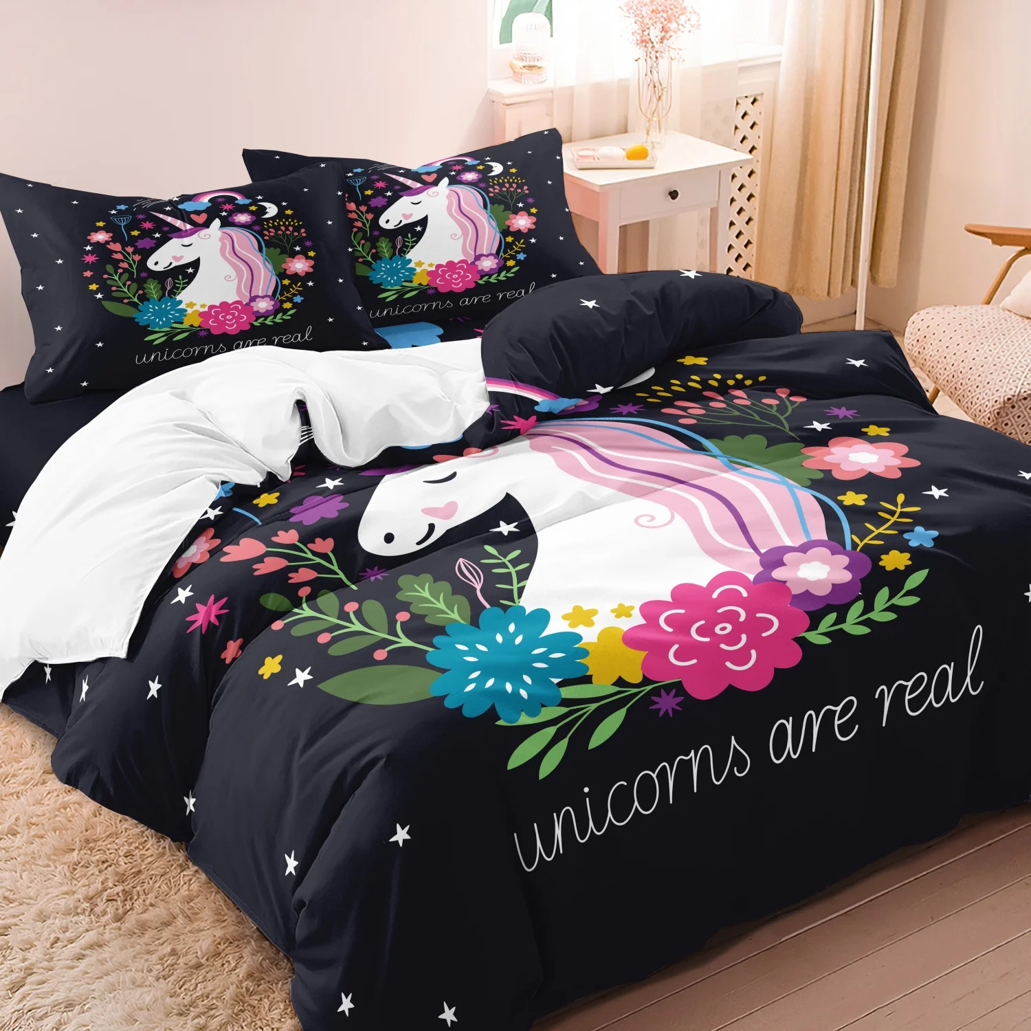 3 Pieces Dark Starry Unicorn Duvet Cover Bedding Set, Ultra Soft Breathable Microfiber Bedding, Ideal Whimsical Decor Gift
