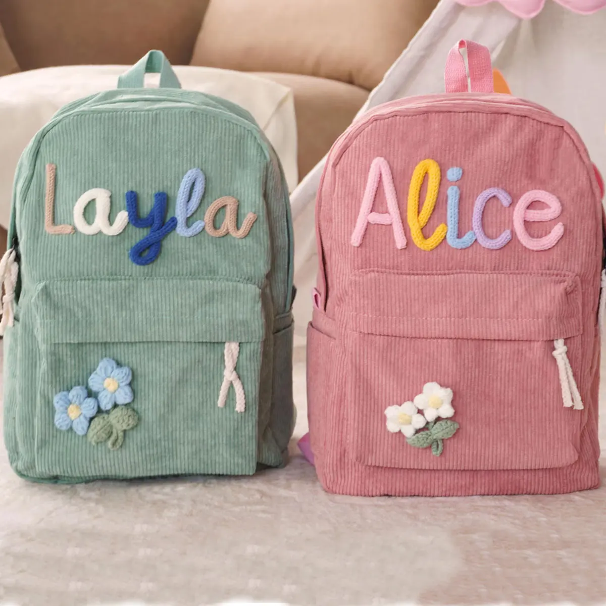 Unisex Personalized Corduroy Backpack — Custom Hand-Embroidered Initials, Colorful Design, Choice of Colors and Accessories