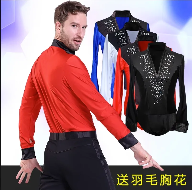 

Latin Dance Top Rhinestone V-Neck Men Dance Shirt Ballroom Latin Dancing Clothes Professional Competition Da Cha Cha Dance Wear