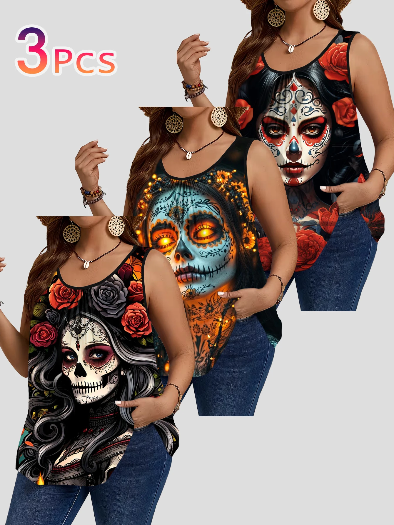3-Piece 3-Piece Set of Plus-Size Women's Black and White Sugar-Colored Undead Girl Red and Black Rose Print Tank Tops, Round Neck Loose Sleeveless Tops - Aliexpress Deal