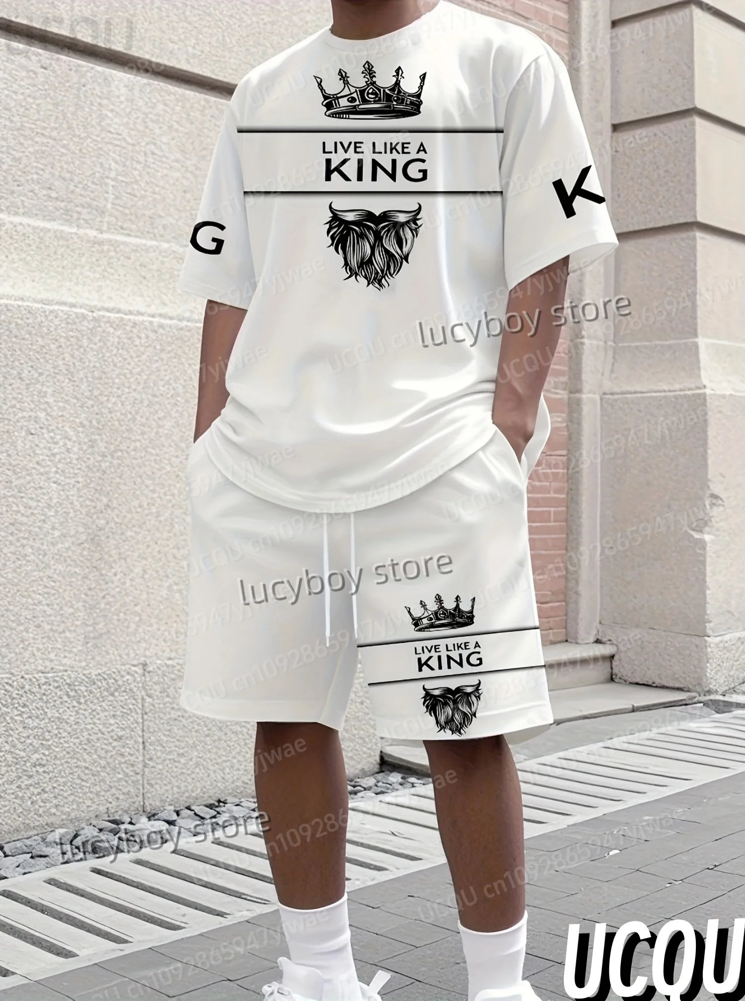 

LIVE LIKE A KING Print Crown Men Tracksuit Sport T-Shirt+Shorts Suit Jogging Sport Plus Size Tracksuit 2 Piece Set Men Clothing