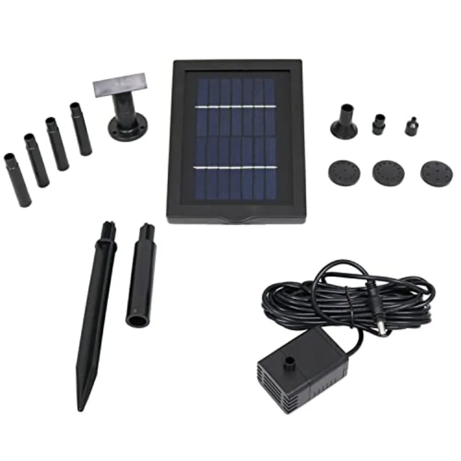 

Outdoor Solar Fountain Kit with 5 Spray Heads 24-Inch Lift 40 GPH Stainless Steel Finish Green Color Energy Efficient Water Fea