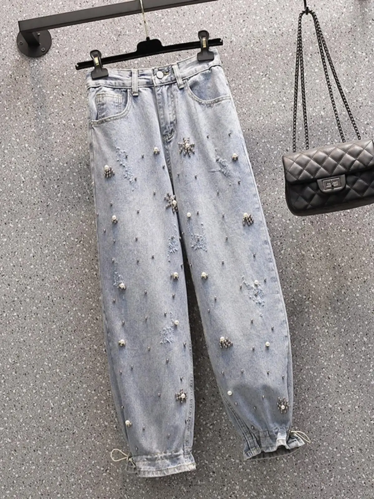 High Waisted Nail Bead Jeans 2024 Autumn New Large Size Loose Drawstring Harem Pants Classic Blue Wide Leg Ankle-Length Pants