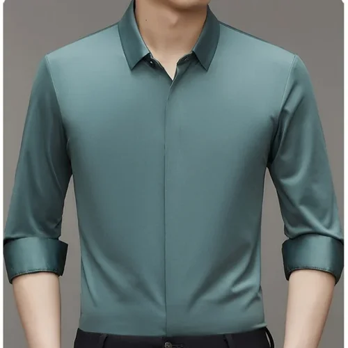 Imagen 2 del producto Camisas de seda Mulberry de alta gama para hombres de negocios, camisetas elásticas invisibles con botones sin hierro, camisa de vestir de calidad de manga larga lujosa para hombres